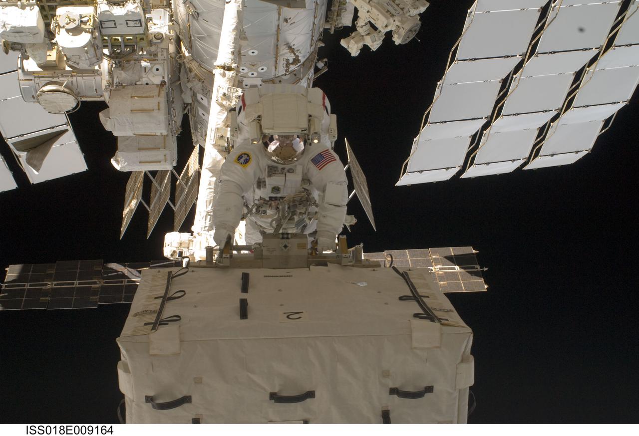 ISS018-E-009164 (18 Nov. 2008) --- Astronaut Heidemarie Stefanyshyn-Piper, STS-126 mission specialist, participates in the mission's first session of extravehicular activity (EVA) as construction and maintenance continue on the International Space Station. During the six-hour, 52-minute spacewalk, Piper and astronaut Steve Bowen (out of frame), mission specialist, worked to clean and lubricate part of the station's starboard Solar Alpha Rotary Joints (SARJ) and to remove two of SARJ's 12 trundle bearing assemblies. The spacewalkers also removed a depleted nitrogen tank from a stowage platform on the outside of the complex and moved it into Endeavour's cargo bay. They also moved a flex hose rotary coupler from the shuttle to the station stowage platform, as well as removing some insulation blankets from the common berthing mechanism on the Kibo laboratory.