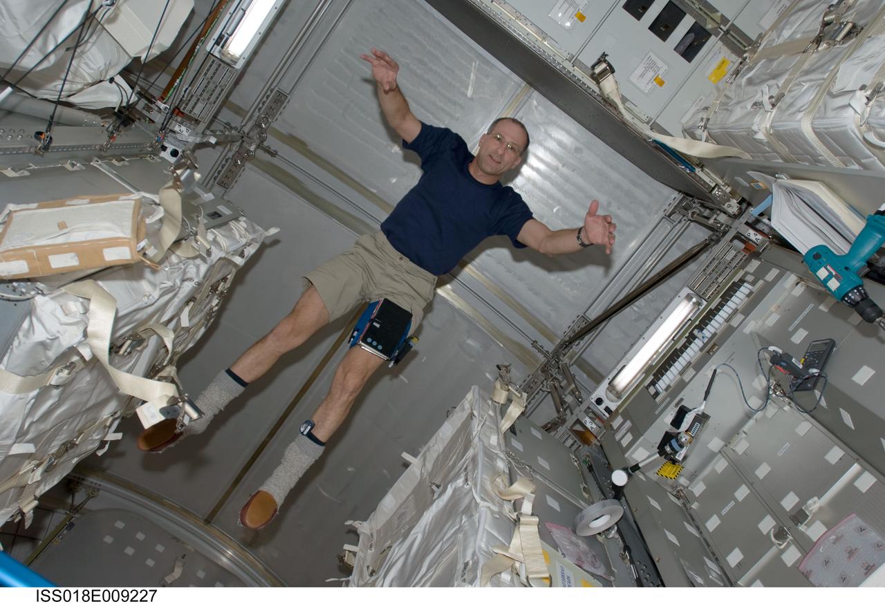 ISS018-E-009227 (18 Nov. 2008) --- Astronaut Donald Pettit, STS-126 mission specialist, floats in the Leonardo Multi-Purpose Logistics Module attached to the Earth-facing port of the International Space Station's Harmony node while Space Shuttle Endeavour is docked with the station.