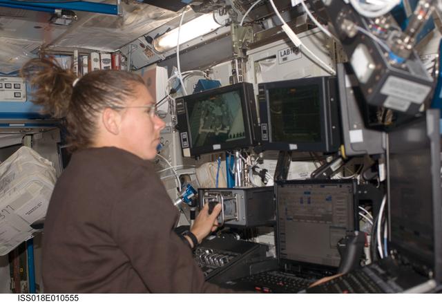 NASA image: ISS Expedition 18 Sandra Magnus at Robotics Work Station (RWS)
