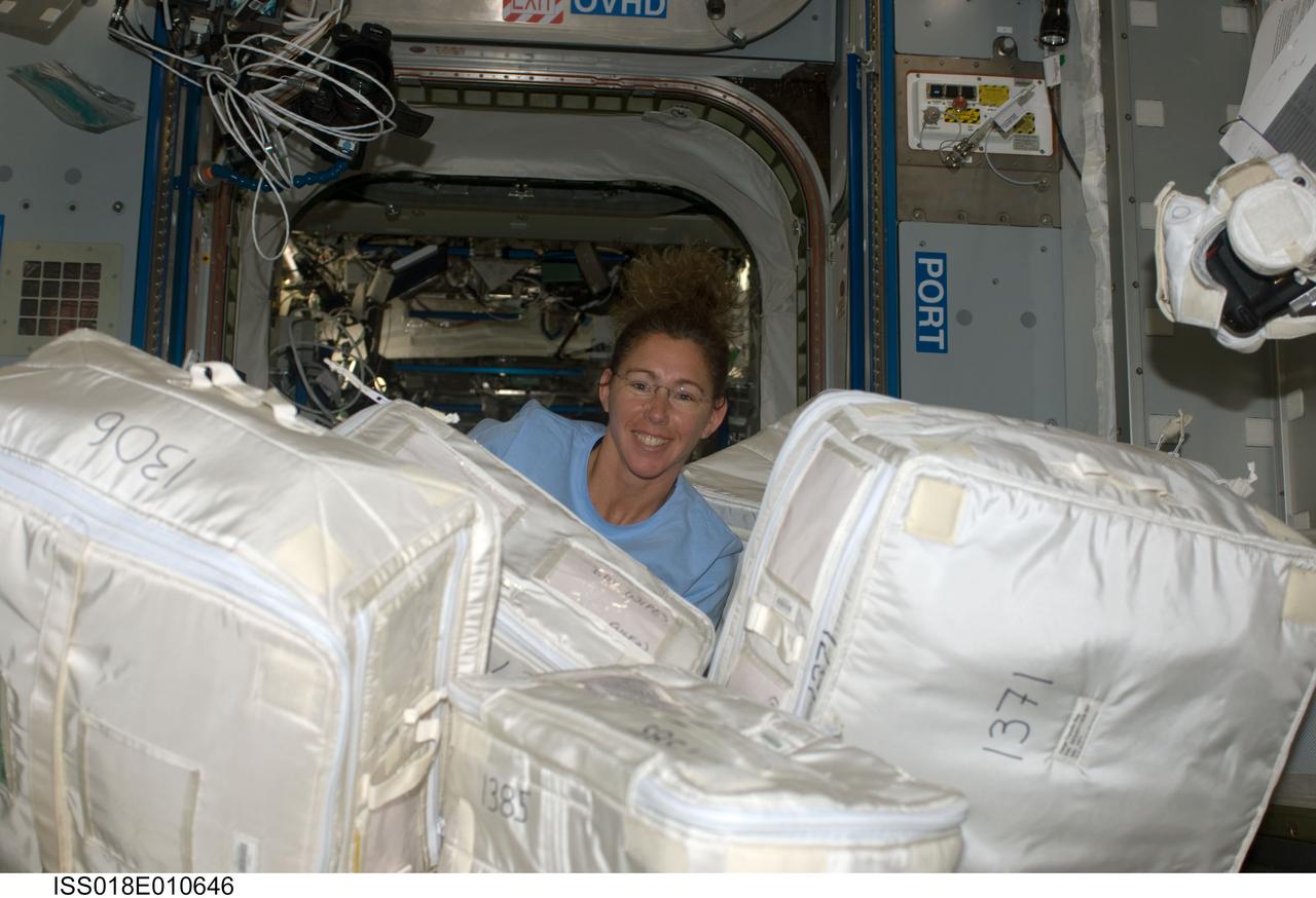ISS018-E-010646 (7 Dec. 2008) --- Astronaut Sandra Magnus, Expedition 18 flight engineer, is pictured among stowage containers in the Harmony node of the International Space Station.