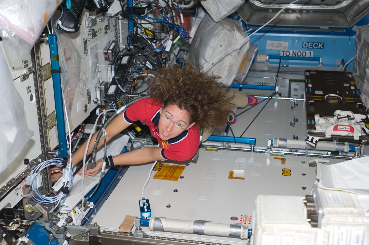 ISS018-E-011541 (8 Dec. 2008) --- Astronaut Sandra Magnus, Expedition 18 flight engineer, works in the Destiny laboratory of the International Space Station.
