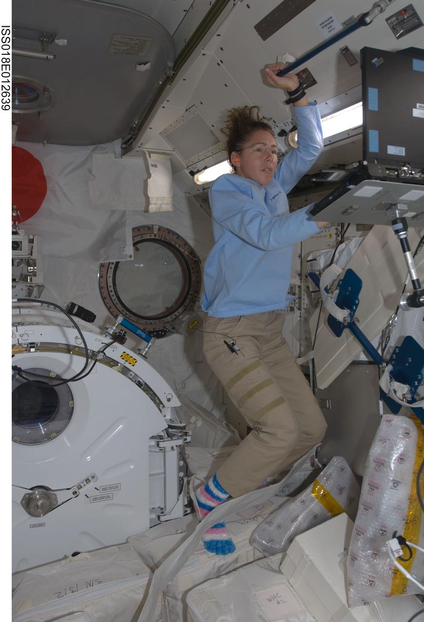 ISS018-E-012639 (15 Dec. 2008) --- Astronaut Sandra Magnus, Expedition 18 flight engineer, uses a computer in the Kibo laboratory of the International Space Station.