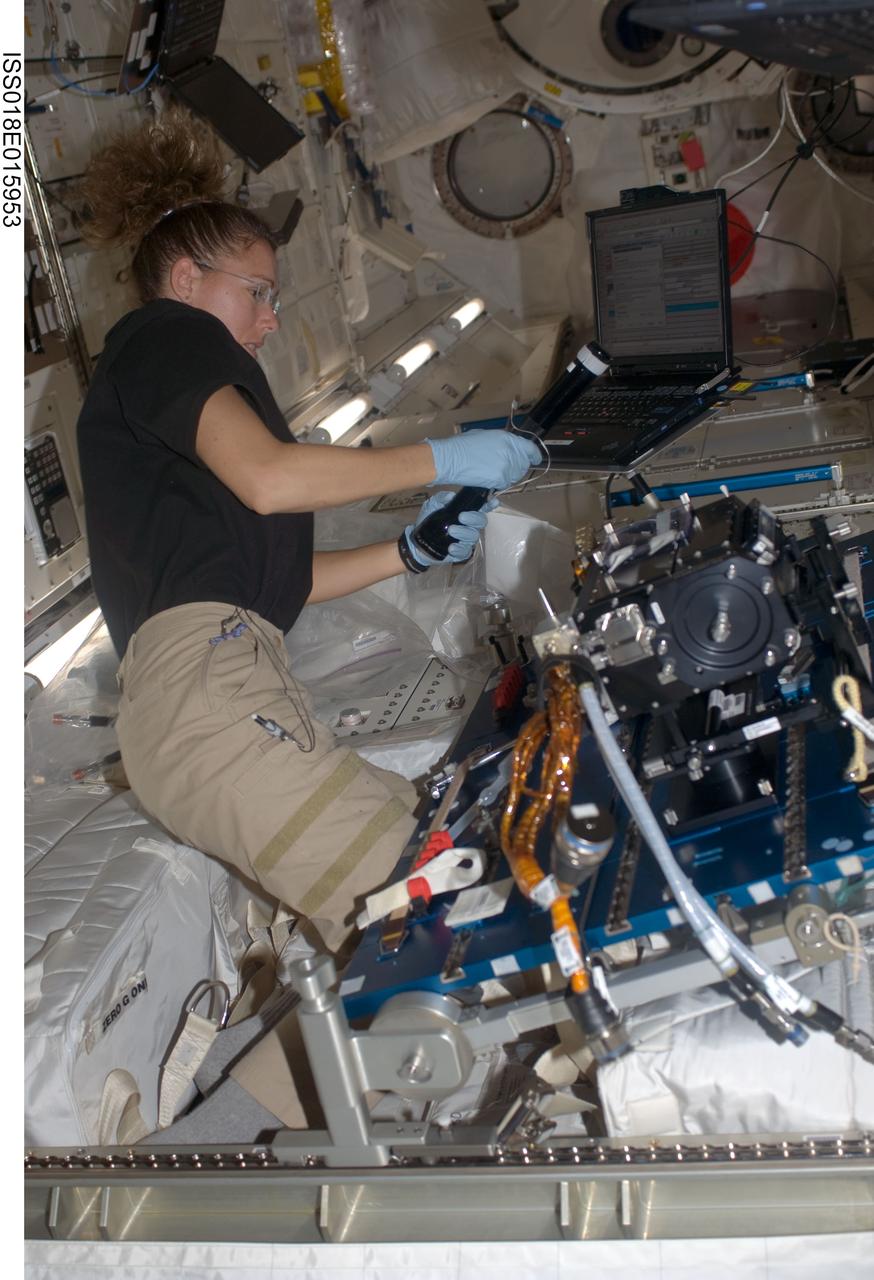 ISS018-E-015953 (13 Dec. 2008) --- Astronaut Sandra Magnus, Expedition 18 flight engineer, works on experiment hardware in the Kibo laboratory of the International Space Station.