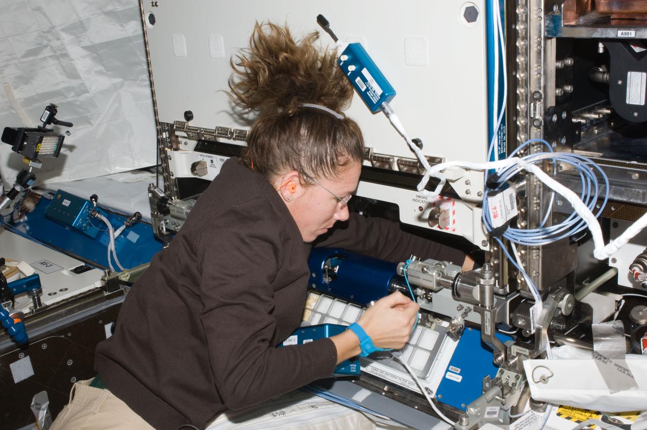 ISS018-E-017796 (5 Jan. 2009) --- Astronaut Sandra Magnus, Expedition 18 flight engineer, works on the Fluids and Combustion Facility (FCF) Combustion Integration Rack (CIR) Passive Rack Isolation System (PaRIS) in the Destiny laboratory of the International Space Station.