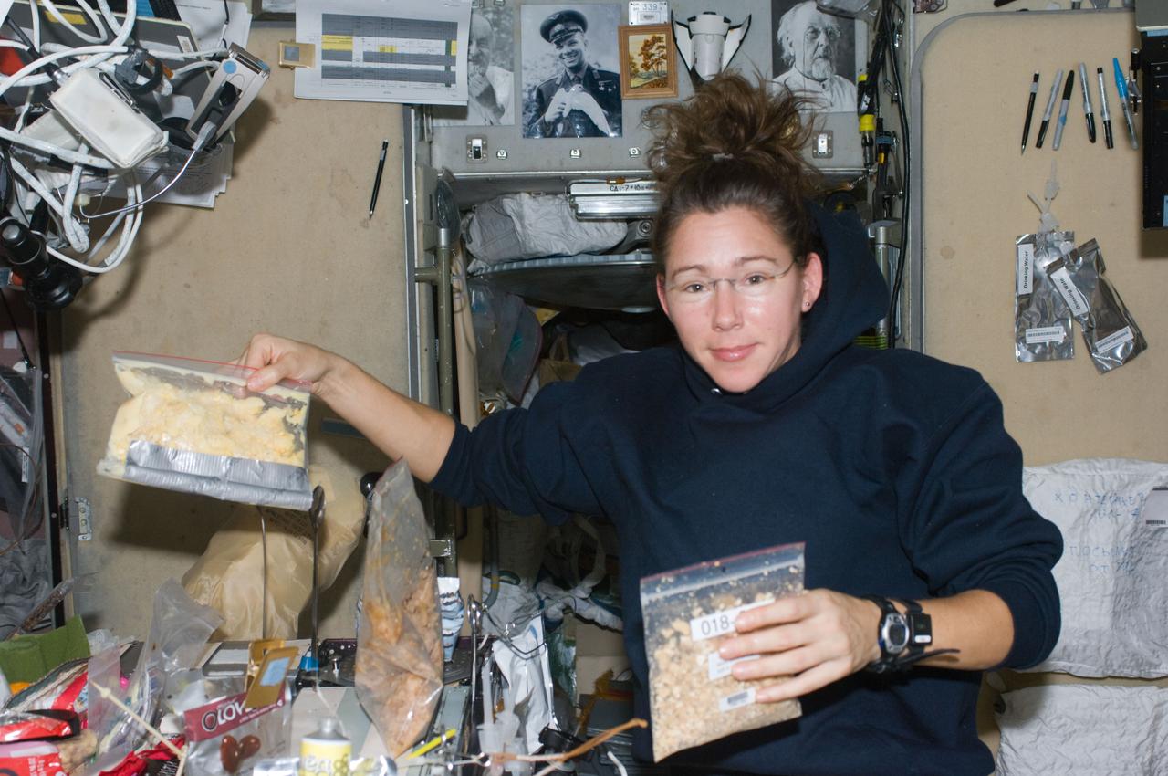 ISS018-E-018423 (7 Jan. 2009) --- Astronaut Sandra Magnus, Expedition 18 flight engineer, poses for a photo while holding food pouches near the galley in the Zvezda Service Module of the International Space Station.