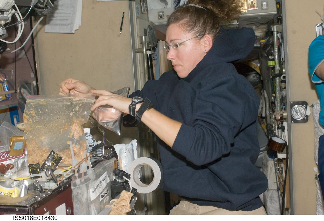 ISS018-E-018430 (7 Jan. 2009) --- Astronaut Sandra Magnus, Expedition 18 flight engineer, prepares to eat a meal at the galley in the Zvezda Service Module of the International Space Station.