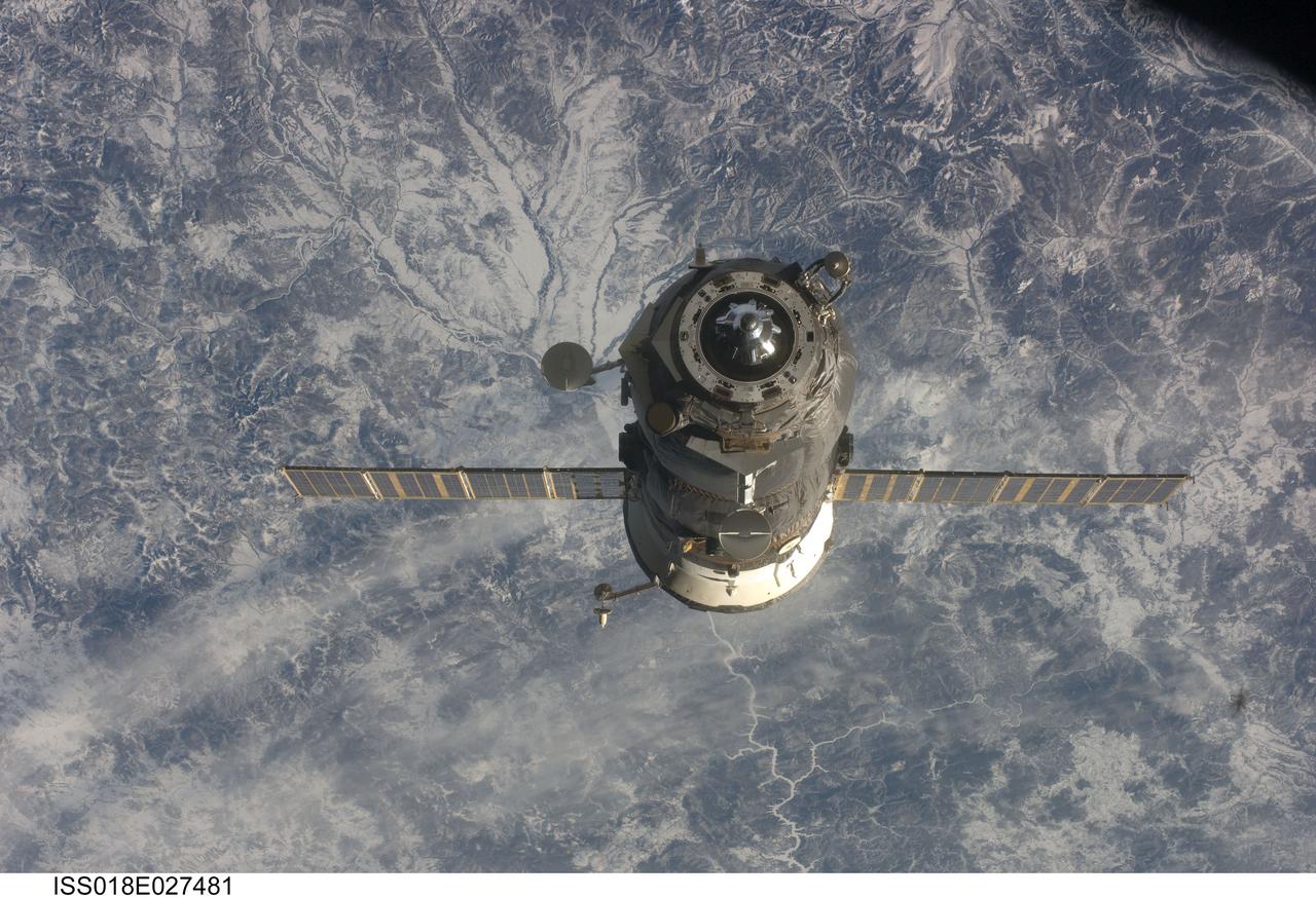 ISS018-E-027481 (5 Feb. 2009) --- An unpiloted ISS Progress 31 cargo craft, filled with trash and unneeded items, departs from the International Space Station’s Pirs Docking Compartment at 10:10:44 p.m. (CST) on Feb. 5, 2009. The Progress fired its thrusters to back away from the station for a little over two days of free flight to support engineering tests by Russian flight controllers. It will be commanded into a destructive reentry in Earth's atmosphere high above the Pacific Ocean at 1:32 a.m. (CST) on Feb 8. The departure clears the way for the arrival of the Progress 32 resupply vehicle, which is scheduled to link up to Pirs on Feb. 13.