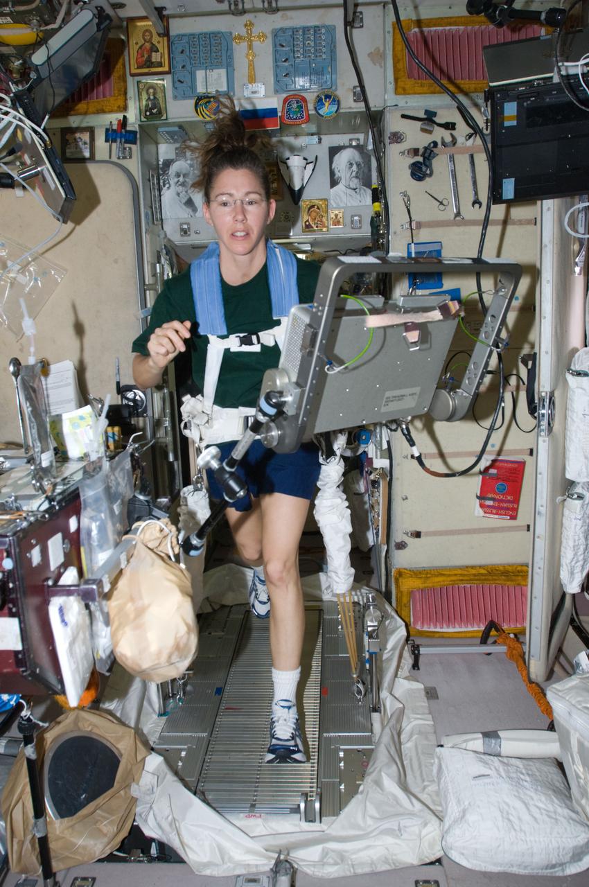 ISS018-E-030096 (12 Feb. 2009) --- Astronaut Sandra Magnus, Expedition 18 flight engineer, equipped with a bungee harness, exercises on the Treadmill Vibration Isolation System (TVIS) in the Zvezda Service Module of the International Space Station.