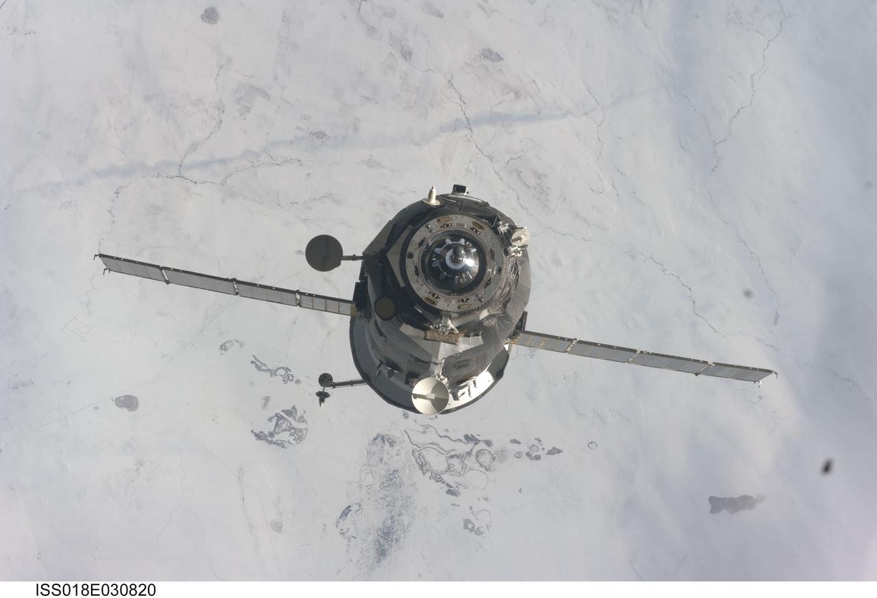 ISS018-E-030820 (13 Feb. 2009) --- An unpiloted Progress supply vehicle approaches the International Space Station, bringing more than two tons of food, fuel and other supplies to the Expedition 18 crewmembers aboard the station. Progress 32 docked to the Pirs Docking Compartment at 1:18 a.m. (CST) on Feb. 13, 2009, after a three day flight from the Baikonur Cosmodrome in Kazakhstan.