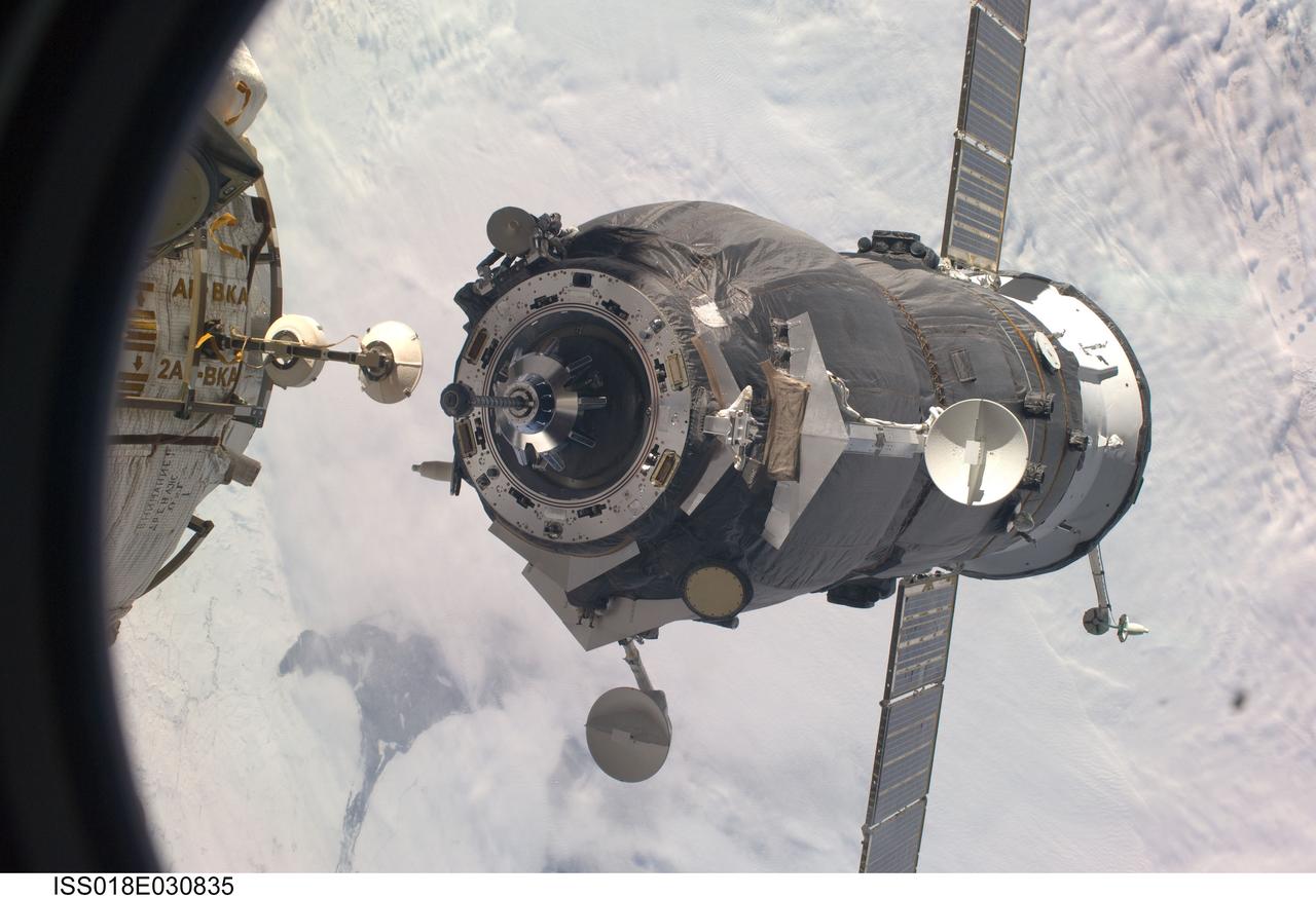 ISS018-E-030835 (13 Feb. 2009) --- An unpiloted Progress supply vehicle approaches the International Space Station, bringing more than two tons of food, fuel and other supplies to the Expedition 18 crewmembers aboard the station. Progress 32 docked to the Pirs Docking Compartment at 1:18 a.m. (CST) on Feb. 13, 2009, after a three day flight from the Baikonur Cosmodrome in Kazakhstan.