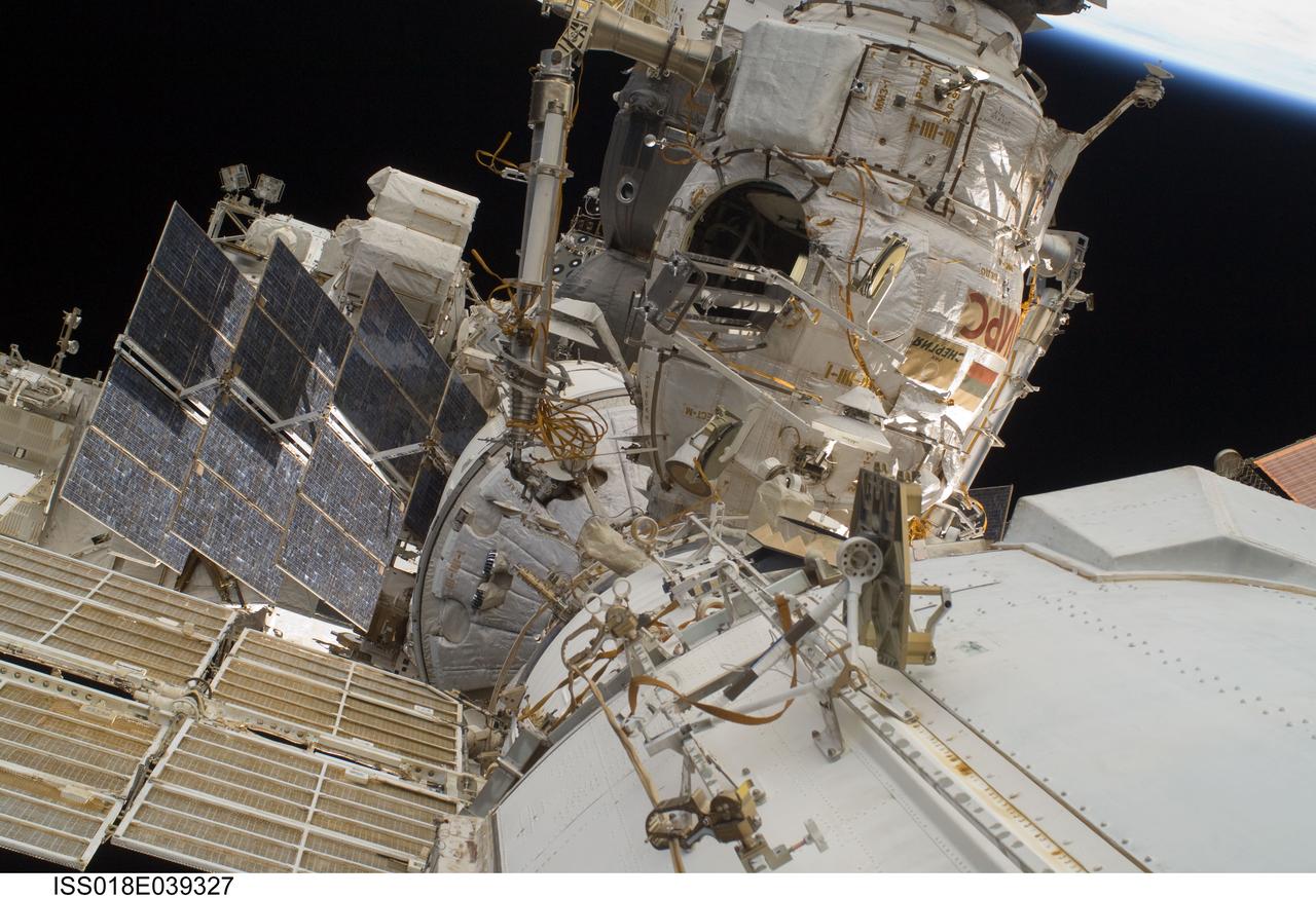 ISS018-E-039327 (10 March 2009) --- The Russian segment of the International Space Station is featured in this image photographed by an Expedition 18 crewmember during extravehicular activity (EVA).