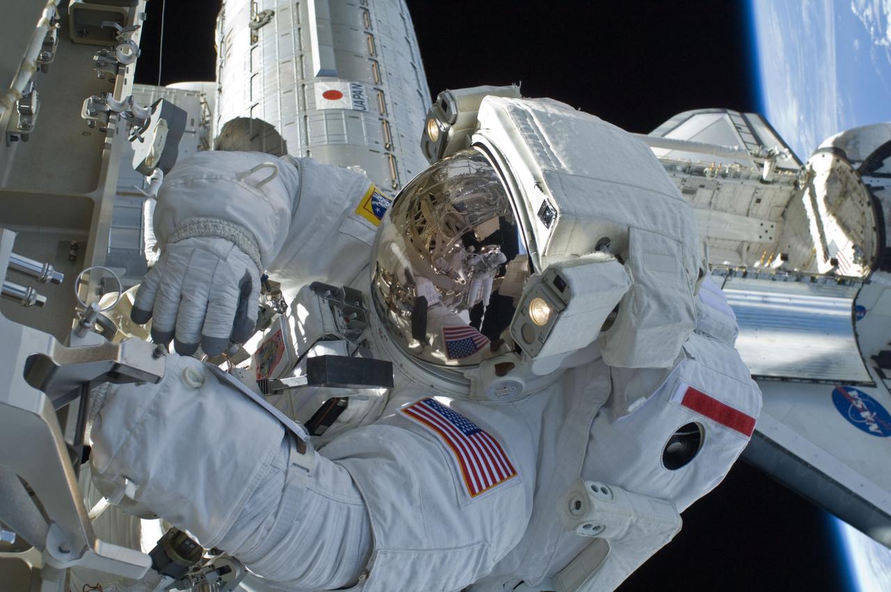 ISS018-E-042502 (23 March 2009) --- Astronaut Joseph Acaba, STS-119 mission specialist, participates in the mission's third scheduled session of extravehicular activity (EVA) as construction and maintenance continue on the International Space Station. During the six-hour, 27-minute spacewalk, Acaba and Richard Arnold (out of frame), mission specialist, helped robotic arm operators relocate the Crew Equipment Translation Aid (CETA) cart from the Port 1 to Starboard 1 truss segment, installed a new coupler on the CETA cart, lubricated snares on the "B" end of the space station's robotic arm and performed a few "get ahead" tasks.