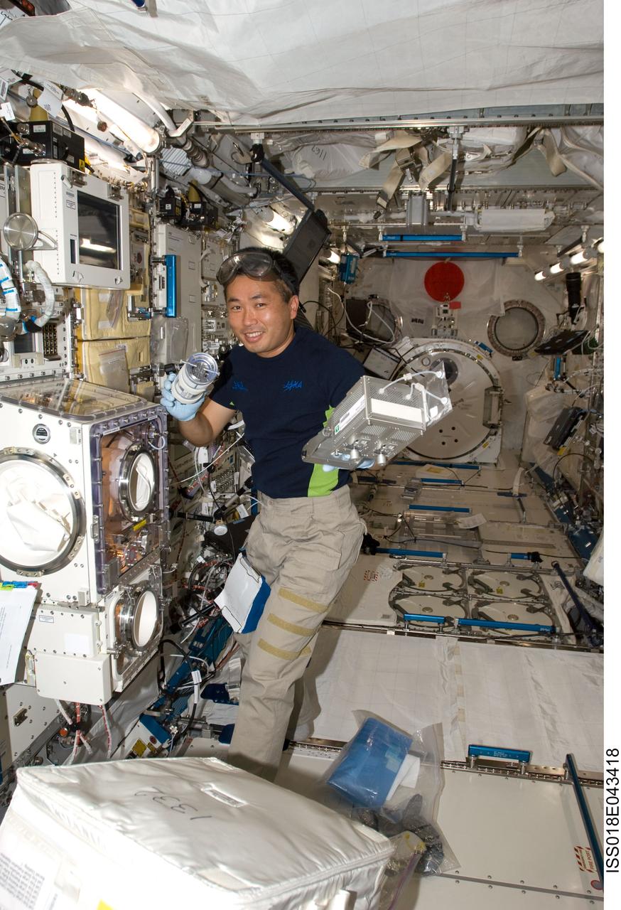 ISS018-E-043418 (28 March 2009) --- Japan Aerospace Exploration Agency (JAXA) astronaut Koichi Wakata, Expedition 18 flight engineer, works on an experiment in the Kibo laboratory of the International Space Station.