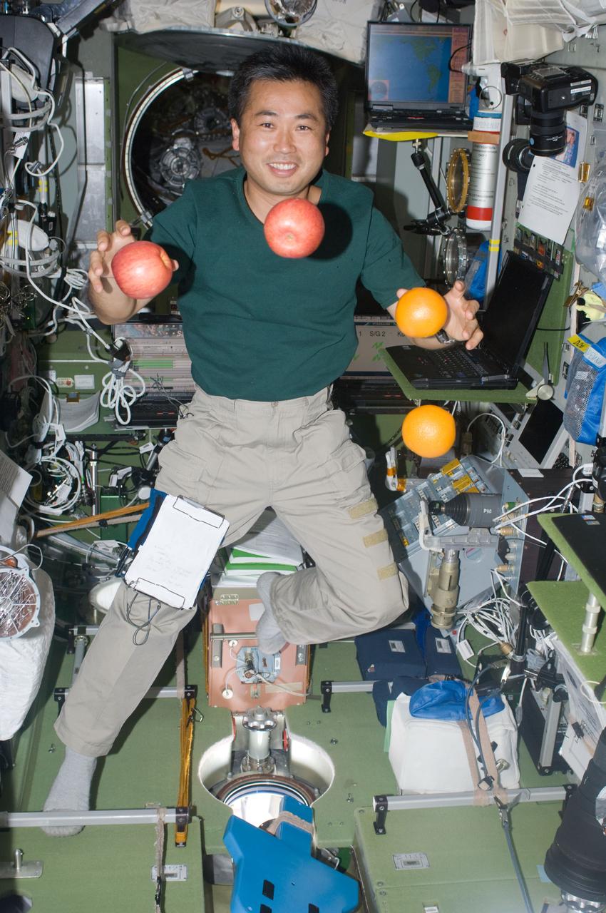 ISS018-E-043634 (29 March 2009) --- Japan Aerospace Exploration Agency (JAXA) astronaut Koichi Wakata, Expedition 18 flight engineer, is pictured near fresh fruit floating freely in the Zvezda Service Module of the International Space Station.