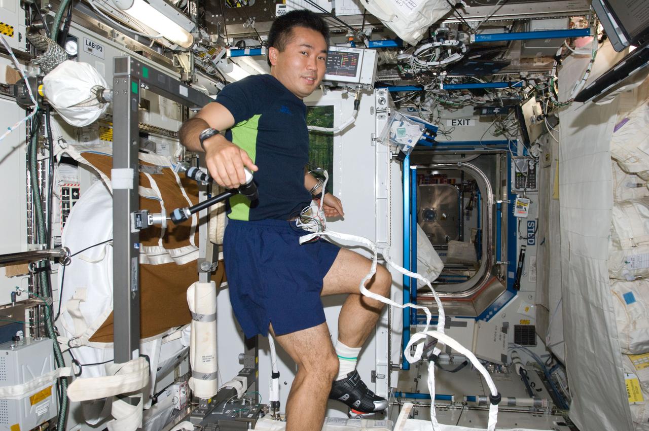 ISS018-E-043723 (30 March 2009) --- Japan Aerospace Exploration Agency (JAXA) astronaut Koichi Wakata, Expedition 18/19 flight engineer, exercises on the Cycle Ergometer with Vibration Isolation System (CEVIS) in the Destiny laboratory of the International Space Station.