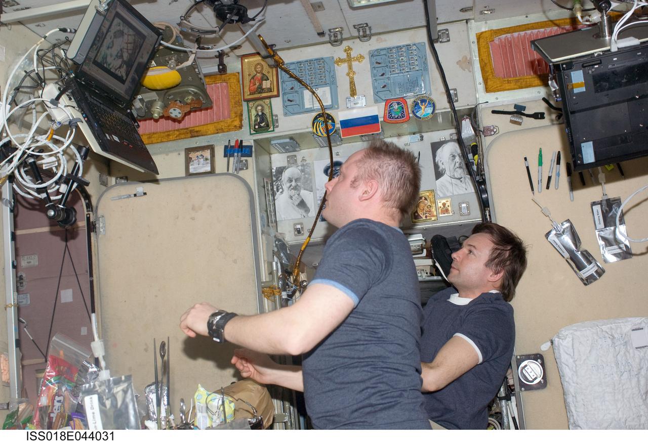 ISS018-E-044031 (26 March 2009) --- NASA astronaut Michael Fincke (foreground), Expedition 18 commander; and cosmonaut Yury Lonchakov, flight engineer, watch a computer monitor in the Zvezda Service Module of the International Space Station showing the Expedition 19 crew and spaceflight participant.