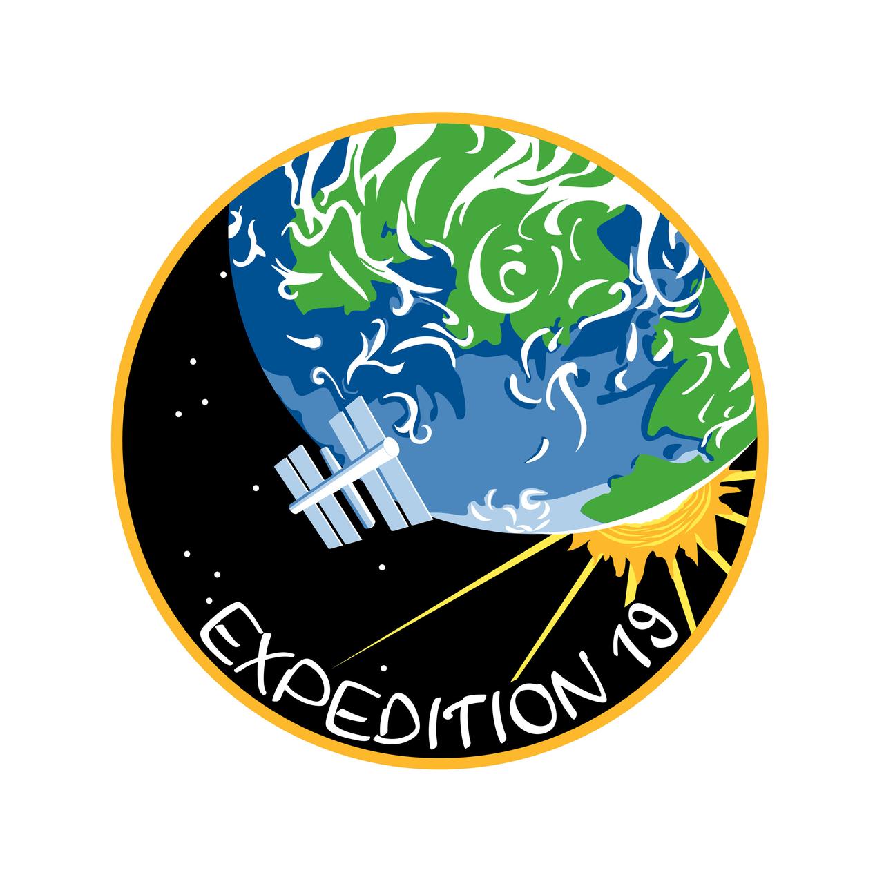 ISS019-S-001 (December 2008) --- Expedition 19 marks the final planned period of three person occupancy, prior to increasing the crew size to 6, and occurs in the final stages of International Space Station assembly. The patch emphasizes the earth, one of the major focuses of attention and study from the orbital research outpost. The design is stylized to highlight the beauty of the home planet and the station orbiting it, next to the sun now the unquestioned 