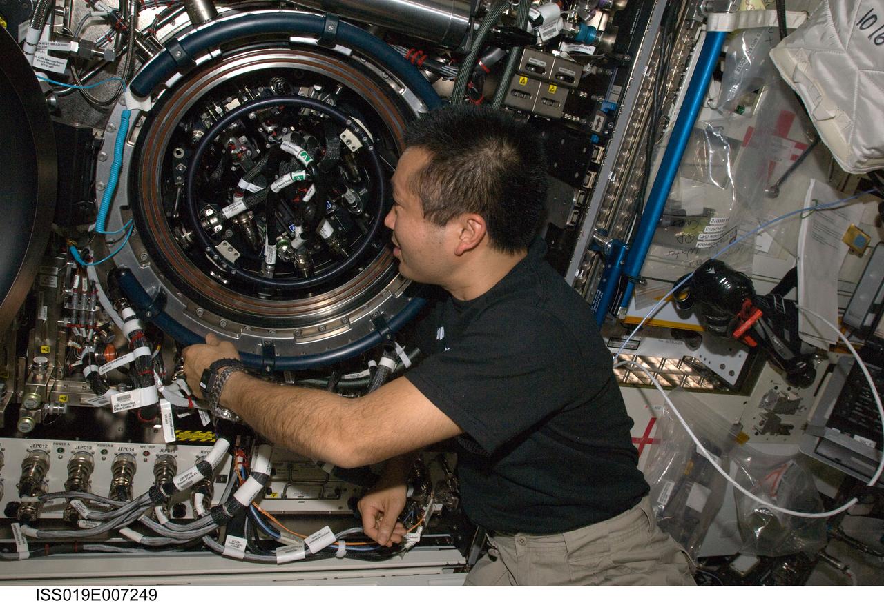 ISS019-E-007249 (16 April 2009) --- Japan Aerospace Exploration Agency (JAXA) astronaut Koichi Wakata, Expedition 19/20 flight engineer, performs in-flight maintenance on equipment in the Kibo laboratory of the International Space Station.