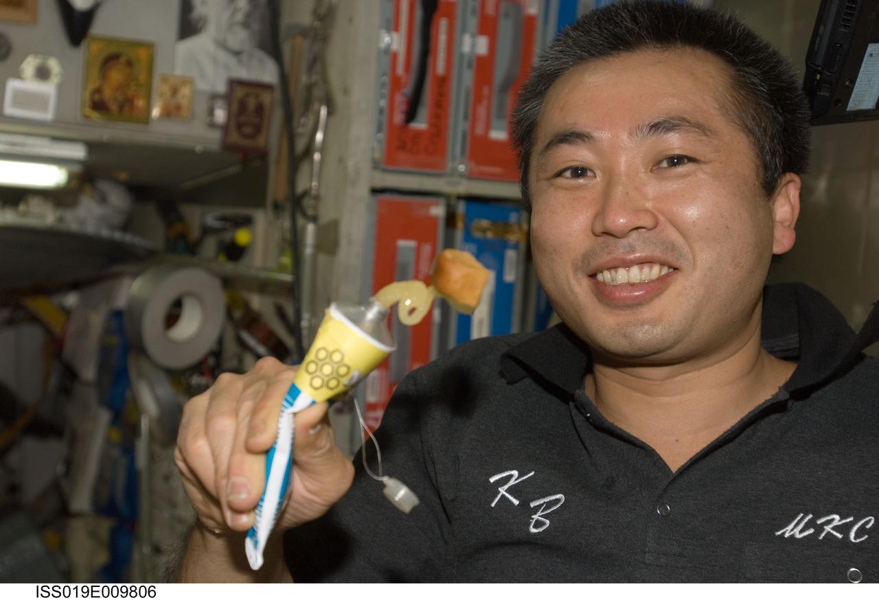 ISS019-E-009806 (20 April 2009) --- Japan Aerospace Exploration Agency (JAXA) astronaut Koichi Wakata, Expedition 19/20 flight engineer, squeezes honey out of a tube near the galley in the Zvezda Service Module of the International Space Station.