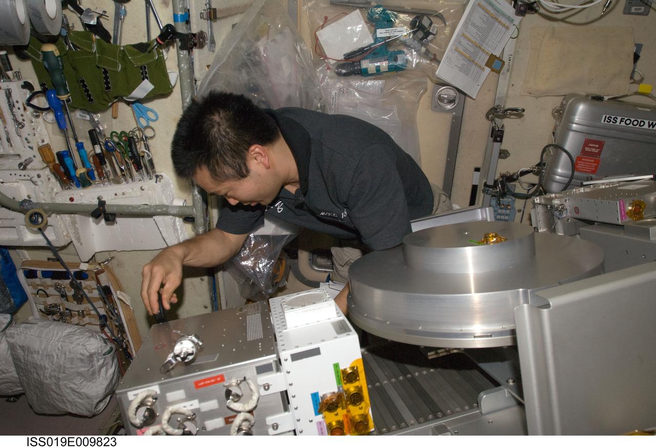 ISS019-E-009823 (23 April 2009) --- Japan Aerospace Exploration Agency (JAXA) astronaut Koichi Wakata, Expedition 19/20 flight engineer, performs in-flight maintenance on the Treadmill Vibration Isolation System (TVIS) in the Zvezda Service Module of the International Space Station.