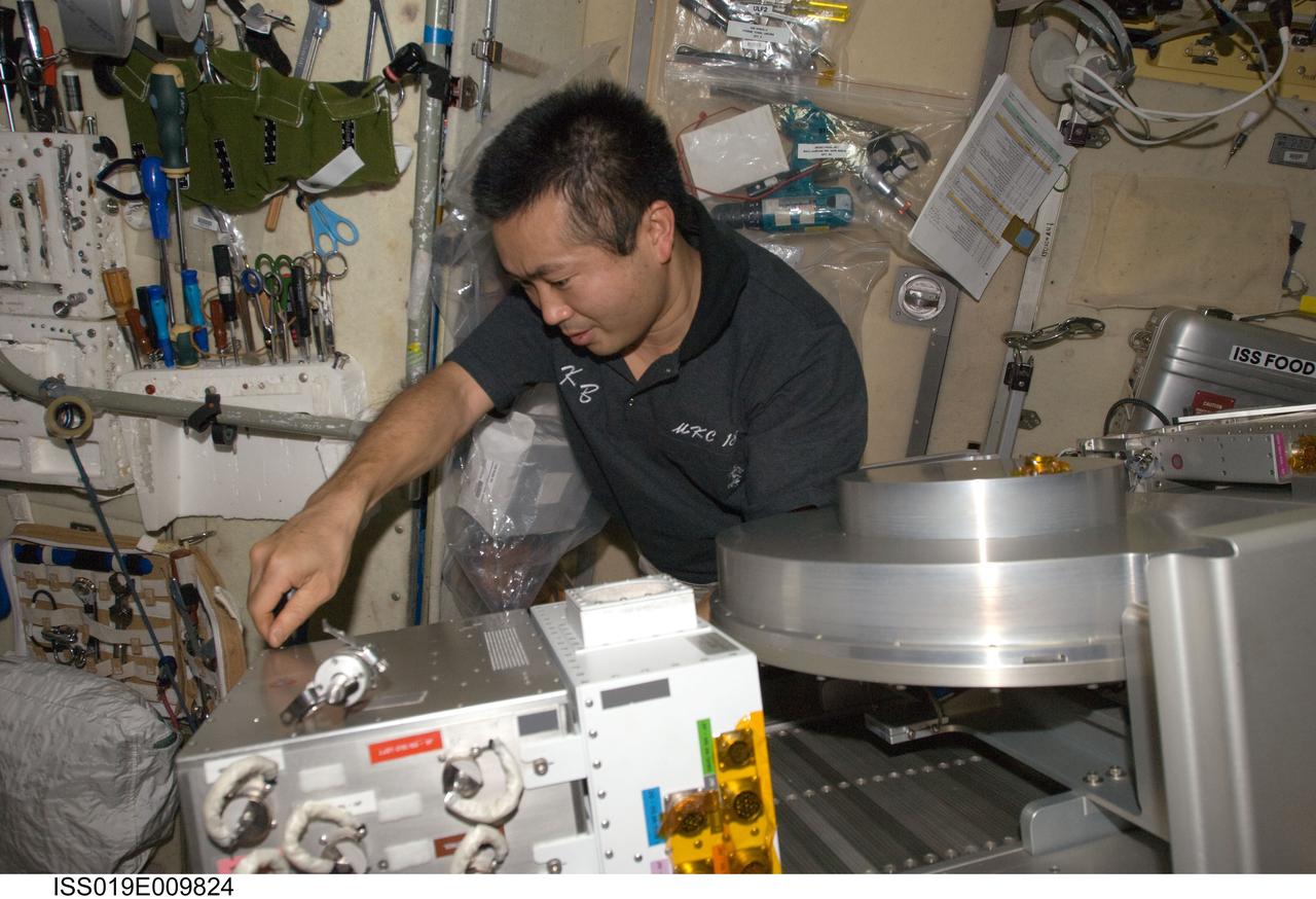 ISS019-E-009824 (23 April 2009) --- Japan Aerospace Exploration Agency (JAXA) astronaut Koichi Wakata, Expedition 19/20 flight engineer, performs in-flight maintenance on the Treadmill Vibration Isolation System (TVIS) in the Zvezda Service Module of the International Space Station.