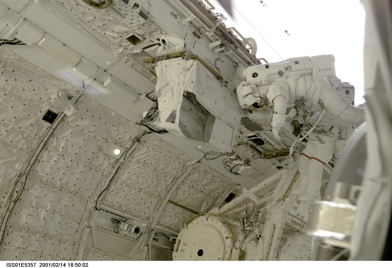 ISS01-E-5357 (14 February 2001) --- Astronauts Thomas D. Jones (red stripes on suit pants)and Robert L. Curbeam, STS-98 mission specialists, are pictured in the cargo bay of the Space Shuttle Atlantis during their third space walk, as photographed with a digital still camera from the International Space Station's new Destiny laboratory.