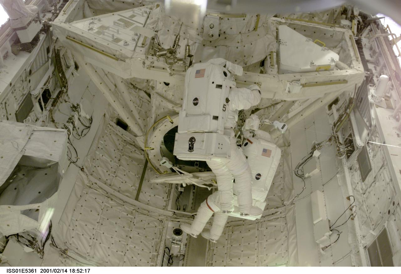 ISS01-E-5361 (14 February 2001) --- Astronauts Thomas D. Jones (red stripes on suit) and Robert L. Curbeam, STS-98 mission specialists, are pictured in the cargo bay of the Space Shuttle Atlantis during their third space walk, as photographed with a digital still camera from the International Space Station's new Destiny laboratory.