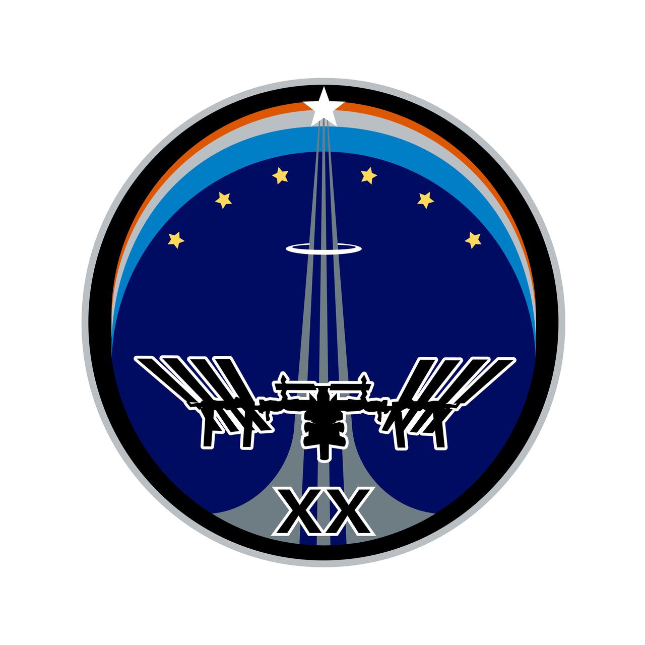 ISS020-S-001B (December 2008) --- The Expedition 20 patch symbolizes a new era in space exploration with the first six-person crew living and working onboard ISS and represents the significance of the ISS to the exploration goals of NASA and its international partners. The six gold stars signify the men and women of the crew. The astronaut symbol extends from the base of the patch to the star at the top to represent the international team, both on the ground and on orbit, that are working together to further our knowledge of living and working in space. The space station in the foreground represents where we are now and the important role it is playing towards meeting our exploration goals. The knowledge and expertise developed from these advancements will enable us to once again leave low earth orbit for the new challenges of establishing a permanent presence on the moon and then on to Mars. The blue, gray and red arcs represent our exploration goals as symbols of Earth, the moon and Mars. The NASA insignia design for ISS expedition crews is reserved for use by the astronauts and for other official use as the NASA Administrator may authorize. Public availability has been approved only in the form of illustrations by the various news media. When and if there is any change in this policy, which is not anticipated, it will be publicly announced.