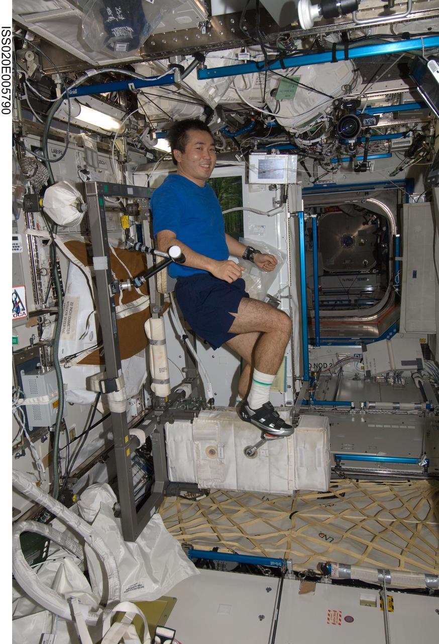 ISS020-E-005790 (30 May 2009) --- Japan Aerospace Exploration Agency (JAXA) astronaut Koichi Wakata, Expedition 20 flight engineer, exercises on the Cycle Ergometer with Vibration Isolation System (CEVIS) in the Destiny laboratory of the International Space Station.