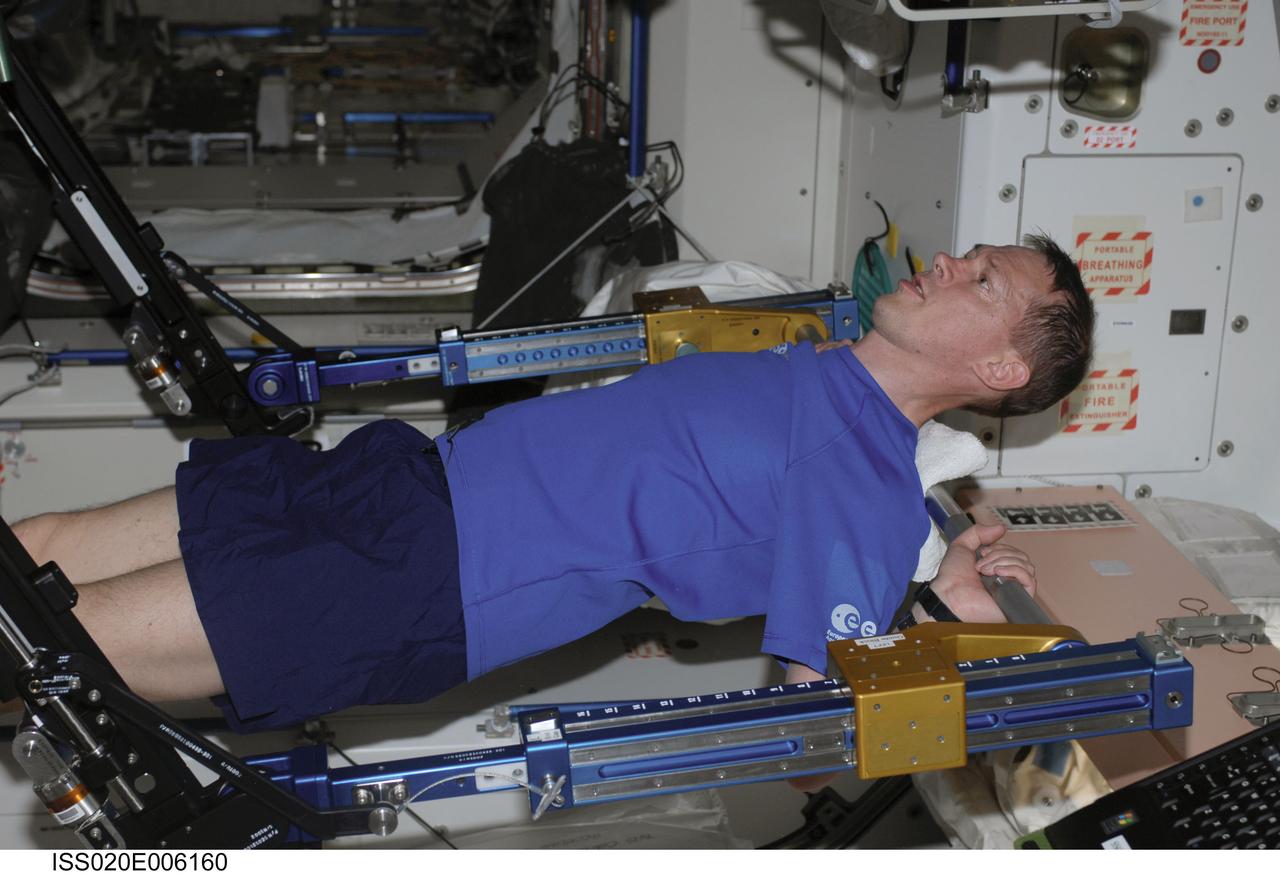 ISS020-E-006160 (3 June 2009) --- European Space Agency astronaut Frank De Winne, Expedition 20 flight engineer, exercises using the advanced Resistive Exercise Device (aRED) in the Unity node of the International Space Station.