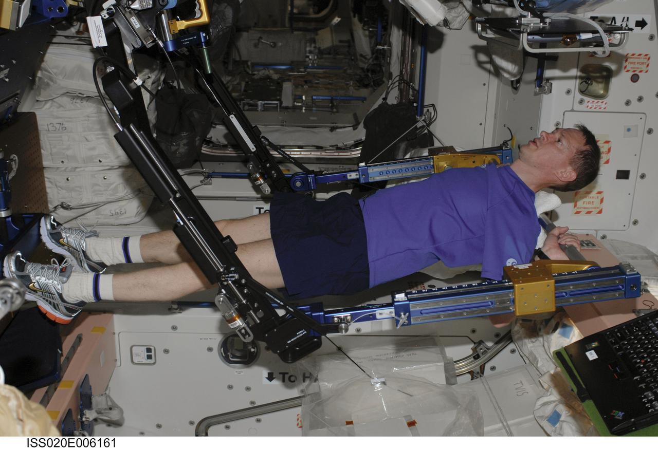 ISS020-E-006161 (3 June 2009) --- European Space Agency astronaut Frank De Winne, Expedition 20 flight engineer, exercises using the advanced Resistive Exercise Device (aRED) in the Unity node of the International Space Station.