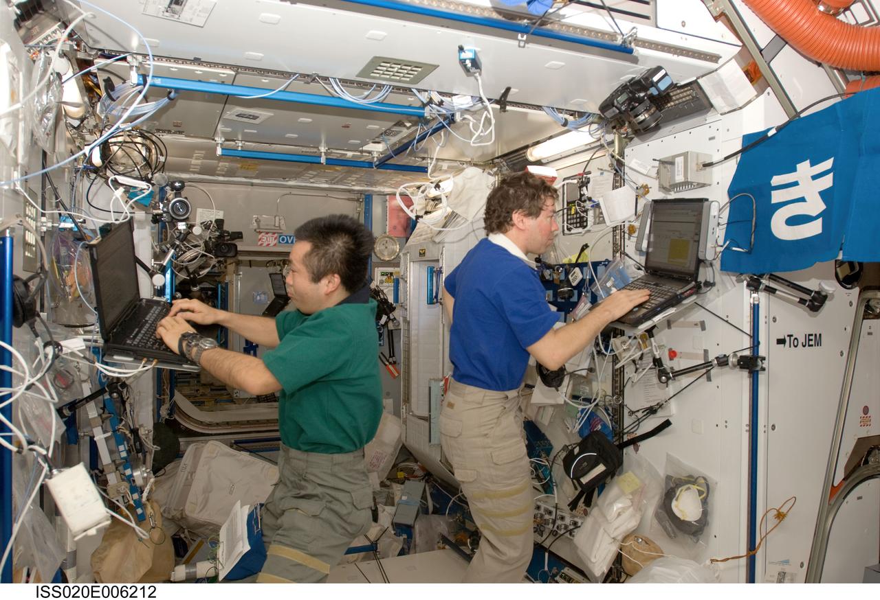 ISS020-E-006212 (1 June 2009) --- Japan Aerospace Exploration Agency (JAXA) astronaut Koichi Wakata (left) and NASA astronaut Michael Barratt, both Expedition 20 flight engineers, work in the Harmony node of the International Space Station.