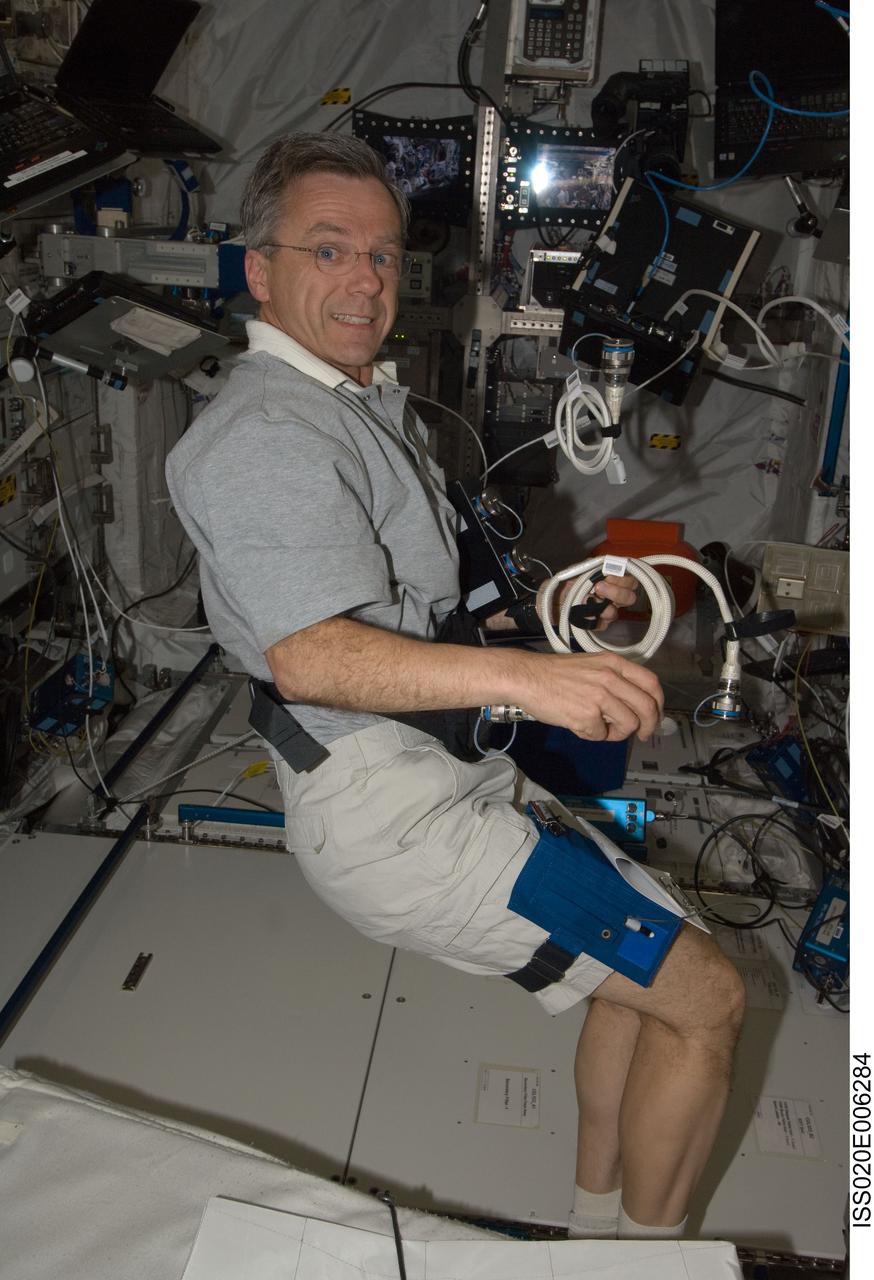 ISS020-E-006284 (3 June 2009) --- Canadian Space Agency astronaut Robert Thirsk, Expedition 20 flight engineer, works in the Columbus laboratory of the International Space Station.
