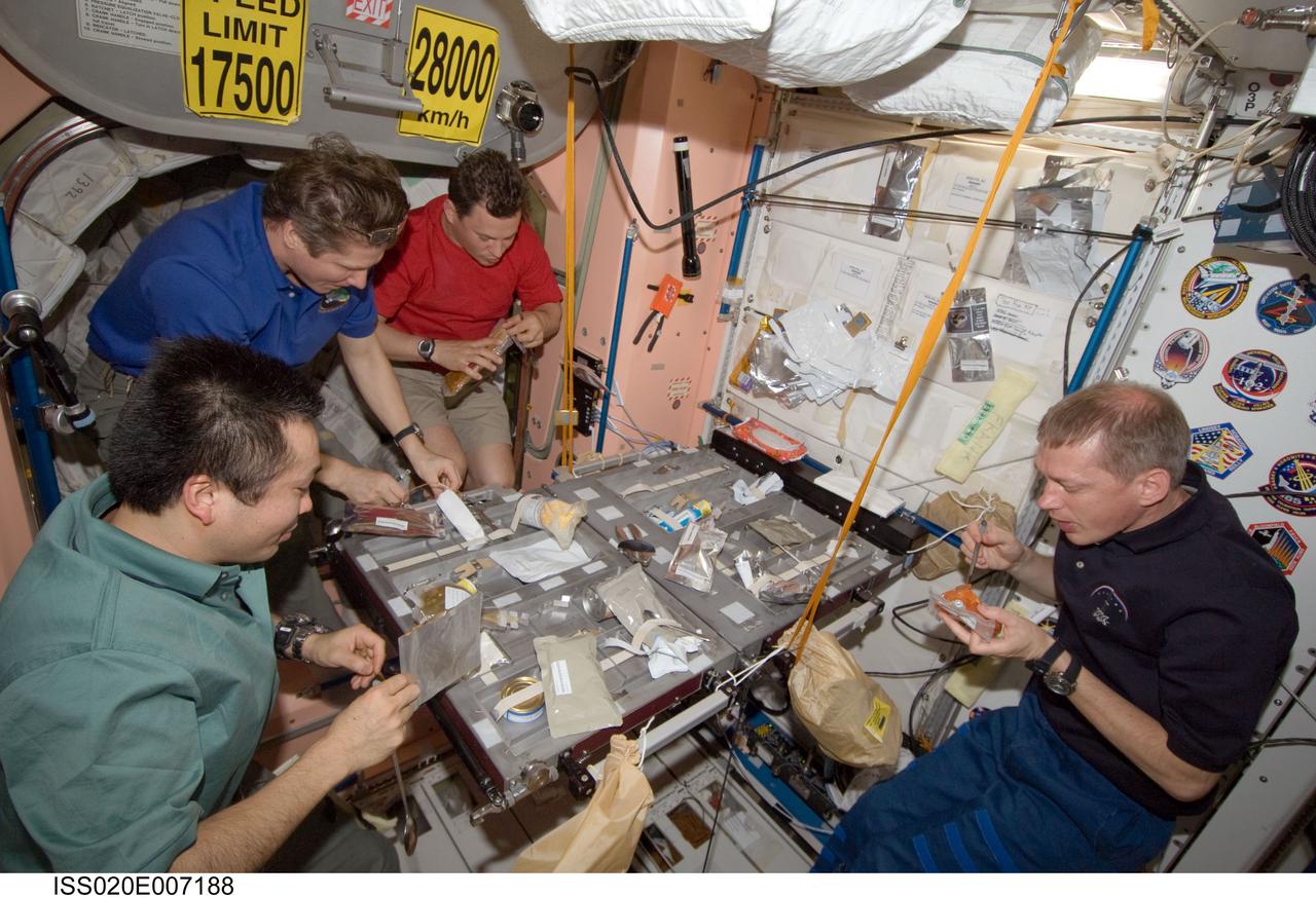 ISS020-E-007188 (7 June 2009) --- Expedition 20 crew members share a meal in the Unity node of the International Space Station. Pictured from the left are Japan Aerospace Exploration Agency (JAXA) astronaut Koichi Wakata, flight engineer; cosmonaut Gennady Padalka, commander; cosmonaut Roman Romanenko and European Space Agency astronaut Frank De Winne, both flight engineers.