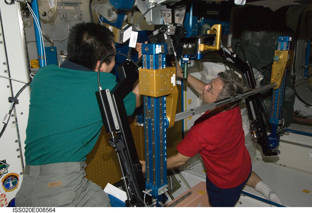 ISS020-E-008564 (11 June 2009) --- Japan Aerospace Exploration Agency (JAXA) astronaut Koichi Wakata (left) and Canadian Space Agency astronaut Robert Thirsk, both Expedition 20 flight engineers, work with the advanced Resistive Exercise Device (aRED) in the Unity node of the International Space Station.