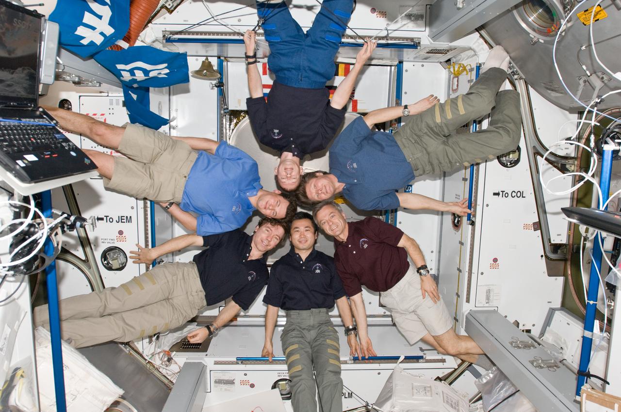 ISS020-E-008898 (14 June 2009) --- The six-person Expedition 20 crew poses in "star-burst" formation for an in-flight portrait in the Harmony node of the International Space Station. Pictured clockwise from right (center) are cosmonaut Gennady Padalka, commander; Canadian Space Agency astronaut Robert Thirsk, Japan Aerospace Exploration Agency (JAXA) astronaut Koichi Wakata, NASA astronaut Michael Barratt, cosmonaut Roman Romanenko and European Space Agency astronaut Frank De Winne, all flight engineers.