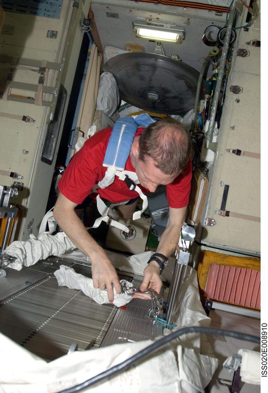 ISS020-E-008910 (14 June 2009) --- European Space Agency astronaut Frank De Winne, Expedition 20 flight engineer, works with a bungee harness for the Treadmill Vibration Isolation System (TVIS) in the Zvezda Service Module of the International Space Station.