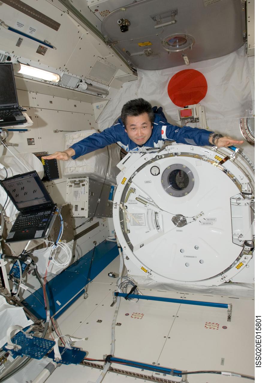 ISS020-E-015801 (28 June 2009) --- Japan Aerospace Exploration Agency (JAXA) astronaut Koichi Wakata, Expedition 20 flight engineer, floats freely in the Kibo laboratory of the International Space Station.