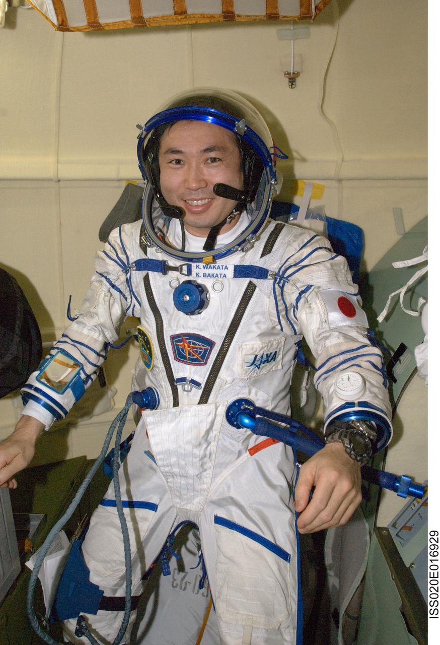 ISS020-E-016929 (2 July 2009) --- Japan Aerospace Exploration Agency (JAXA) astronaut Koichi Wakata, Expedition 20 flight engineer, attired in a Russian Sokol launch and entry suit, is pictured in the orbital module of the Soyuz TMA-14 spacecraft following the relocation of the Soyuz from the Zvezda Service Module’s aft port to the Pirs Docking Compartment of the International Space Station.
