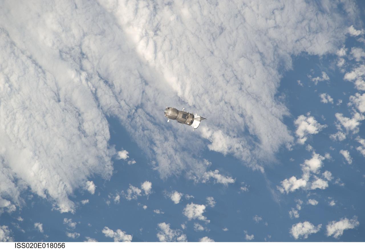 ISS020-E-018056 (12 July 2009) --- An unpiloted ISS Progress 33 cargo craft approaches the International Space Station. On June 30, the Progress undocked from the station and was commanded into a parking orbit for its re-rendezvous with the ISS on July 12, approaching to within 10-15 meters of the Zvezda Service Module to test new automated rendezvous equipment mounted on Zvezda during a pair of spacewalks earlier this month by Gennady Padalka and Mike Barratt that will be used to guide the new Mini-Research Module-2 (MRM2) to an unpiloted docking to the zenith port of Zvezda later this year. MRM2 will serve as a new docking port for Russian spacecraft and an additional airlock for spacewalks conducted out of the Russian segment.