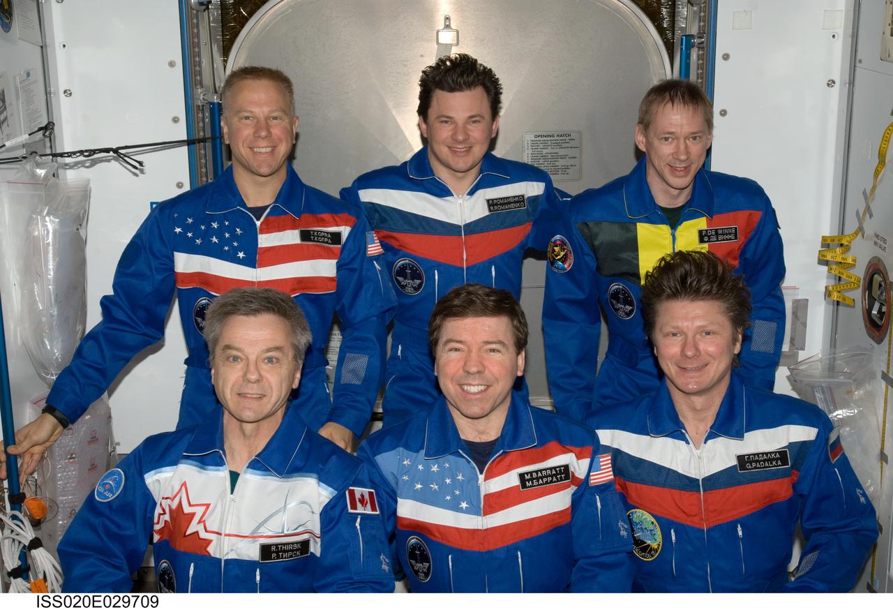 ISS020-E-029709 (10 Aug. 2009) --- Expedition 20 crew members pose for an in-flight portrait in the Harmony node of the International Space Station. Pictured from the left (front row) are Canadian Space Agency astronaut Robert Thirsk and NASA astronaut Michael Barratt, both flight engineers; along with cosmonaut Gennady Padalka, commander. From the left (back row) are NASA astronaut Tim Kopra, cosmonaut Roman Romanenko and European Space Agency astronaut Frank De Winne, all flight engineers.