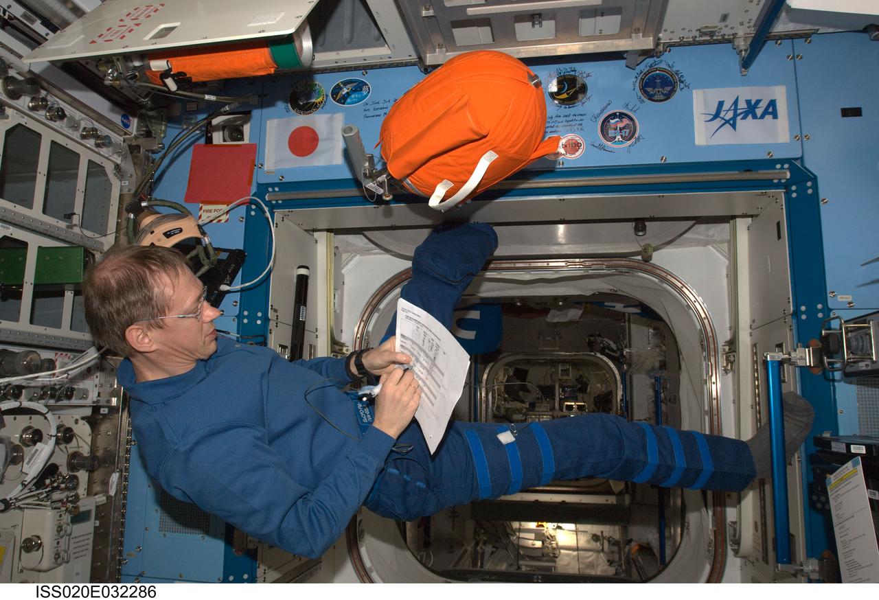 ISS020-E-032286 (19 Aug. 2009) --- European Space Agency astronaut Frank De Winne, Expedition 20 flight engineer, conducts the monthly inspection/audit on Portable Fire Extinguisher (PFE) and Portable Breathing Apparatus (PBA) equipment in the Kibo laboratory of the International Space Station.