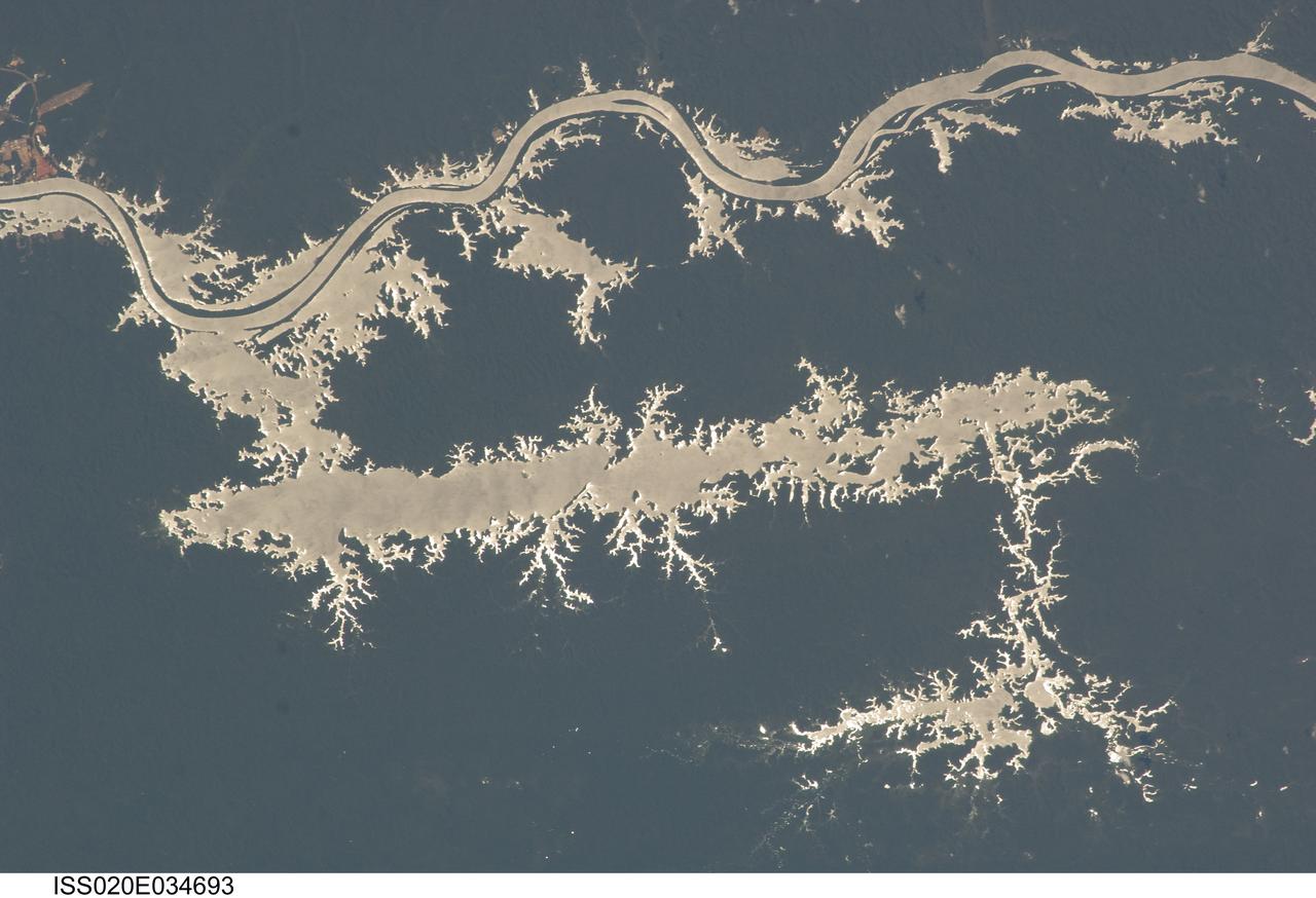 ISS020-E-034693 (25 Aug. 2009) --- Lake Erepecu and Rio Trombetas in Brazil are featured in this sun glint image photographed by an Expedition 20 crew member on the International Space Station. The 38 kilometers long Lake Erepecu runs parallel to the lower Rio (river) Trombetas which snakes along the lower half of this photograph. Waterbodies in the Amazon rainforest are often so dark they can be difficult to distinguish. In this image, however, the lake and river stand out from the uniform green of the forest in great detail as a result of sun glint on the water surface. Sun glint is light reflected off of a surface directly back towards the viewer, in this case a crew member onboard the space station. Soil color beneath the forest is red, as shown by airfield clearings near Porto Trombetas (upper left), a river port on the south side of the Trombetas River. The Trombetas flows into the Amazon River from the north about 800 kilometers from the Amazon mouth. Despite being so far from the sea, seagoing ore ships export most of Brazil?s bauxite from Porto Trombetas. Bauxite is the raw material formed in these tropical soils for the production of aluminum (the Trombetas bauxite mine is outside the upper margin of the image). Central Amazonia has many lakes like Erepecu?relatively straight, large waterbodies located just off the main axis of the large rivers. These lakes, as distinct from smaller floodplain lakes next to the large rivers, were created as rivers cut down during the repeated low global sea levels of the recent geological past (according to scientists, related to the ice ages of the last 1.7 million years). River water filled the valleys to form lakes during intervening periods of high sea level. Many larger rivers like the Trombetas and Amazon carried enough sediment to fill their immediate valleys?rivers flowing in unconsolidated sediment produce sinuous courses like those along the upper part of the image?but not enough to fill tributary valleys further from the axis of flow, so that lakes like Erepecu are formed.