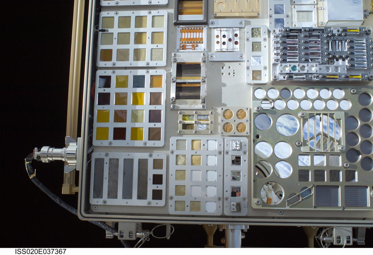 ISS020-E-037367 (1 Sept. 2009) --- A close-up view of a Materials International Space Station Experiment (MISSE-6) on the exterior of the Columbus laboratory is featured in this image photographed by a space walking astronaut during the STS-128 mission’s first session of extravehicular activity (EVA). MISSE collects information on how different materials weather in the environment of space. MISSE was later placed in Space Shuttle Discovery’s cargo bay for its return to Earth.