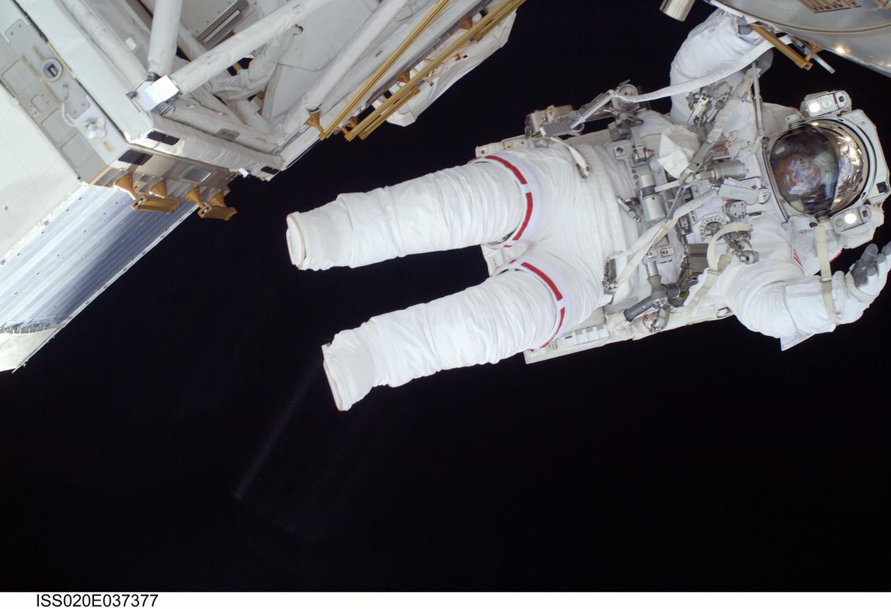 ISS020-E-037377 (1 Sept. 2009) --- Astronaut Nicole Stott, Expedition 20 flight engineer, participates in the STS-128 mission's first session of extravehicular activity (EVA) as construction and maintenance continue on the International Space Station. During the six-hour, 35-minute spacewalk, Stott and astronaut John "Danny" Olivas (out of frame), mission specialist, removed an empty ammonia tank from the station's truss and temporarily stowed it on the station's robotic arm. Olivas and Stott also retrieved the European Technology Exposure Facility (EuTEF) and Materials International Space Station Experiment (MISSE) from the Columbus laboratory module and installed them on Discovery's payload bay for return.