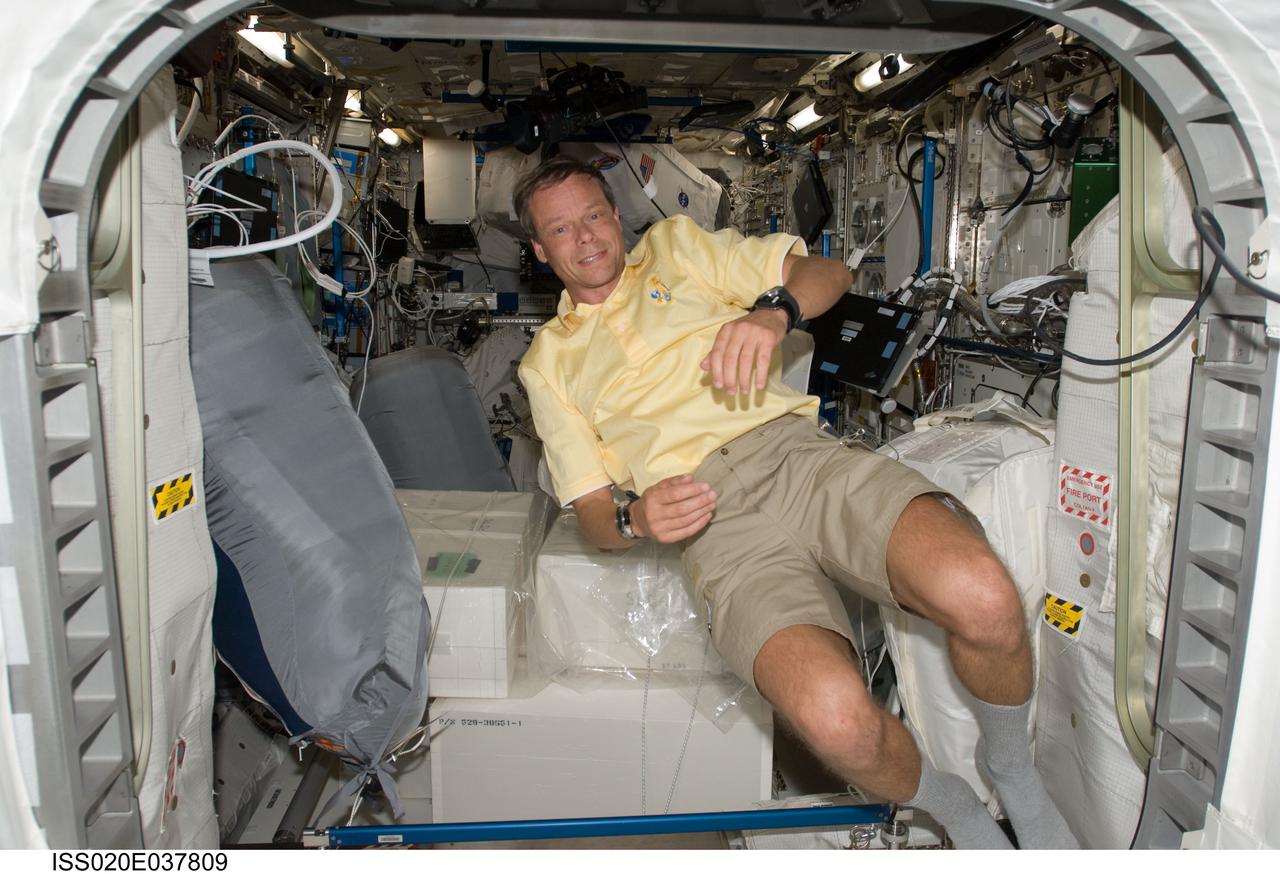 ISS020-E-037809 (2 Sept. 2009) --- European Space Agency astronaut Christer Fuglesang, STS-128 mission specialist, is pictured in the Columbus laboratory of the International Space Station while Space Shuttle Discovery remains docked with the station.