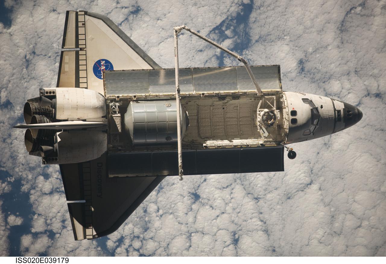 ISS020-E-039179 (8 Sept. 2009) --- Backdropped by a cloud-covered part of Earth, Space Shuttle Discovery (STS-128) is featured in this image photographed by an Expedition 20 crew member on the International Space Station soon after the shuttle and station began their post-undocking relative separation. Undocking of the two spacecraft occurred at 2:26 p.m. (CDT) on Sept. 8, 2009. The Leonardo Multi-Purpose Logistics Module is visible in Discovery?s cargo bay.