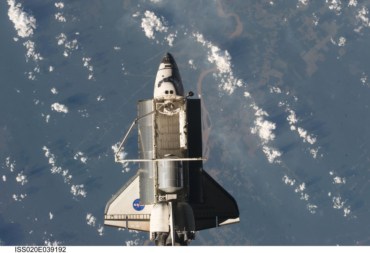 ISS020-E-039192 (8 Sept. 2009) --- Backdropped by a colorful part of Earth, Space Shuttle Discovery (STS-128) is featured in this image photographed by an Expedition 20 crew member on the International Space Station soon after the shuttle and station began their post-undocking relative separation. Undocking of the two spacecraft occurred at 2:26 p.m. (CDT) on Sept. 8, 2009. The Leonardo Multi-Purpose Logistics Module is visible in Discovery?s cargo bay.