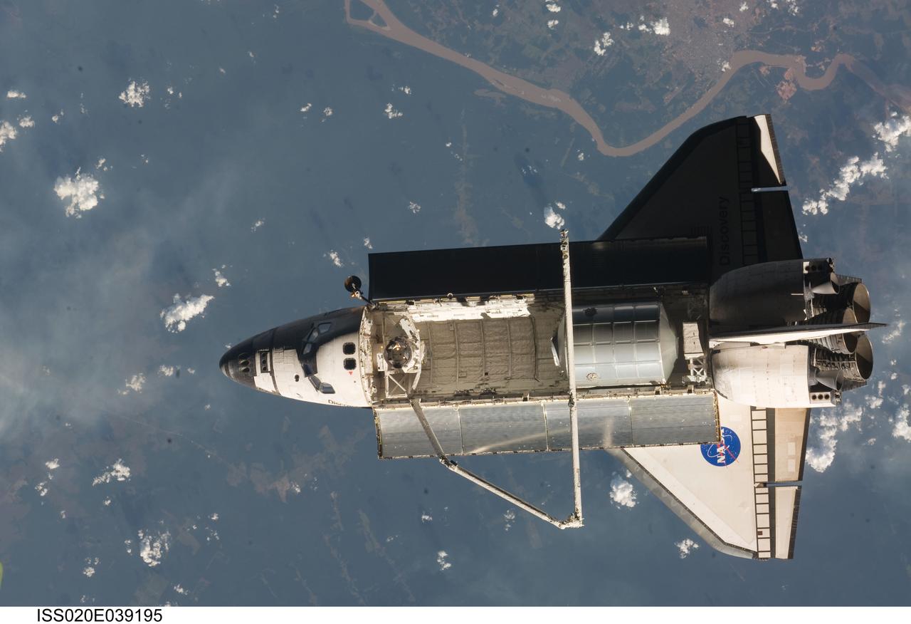 ISS020-E-039195 (8 Sept. 2009) --- Backdropped by a colorful part of Earth, Space Shuttle Discovery (STS-128) is featured in this image photographed by an Expedition 20 crew member on the International Space Station soon after the shuttle and station began their post-undocking relative separation. Undocking of the two spacecraft occurred at 2:26 p.m. (CDT) on Sept. 8, 2009. The Leonardo Multi-Purpose Logistics Module is visible in Discovery?s cargo bay.