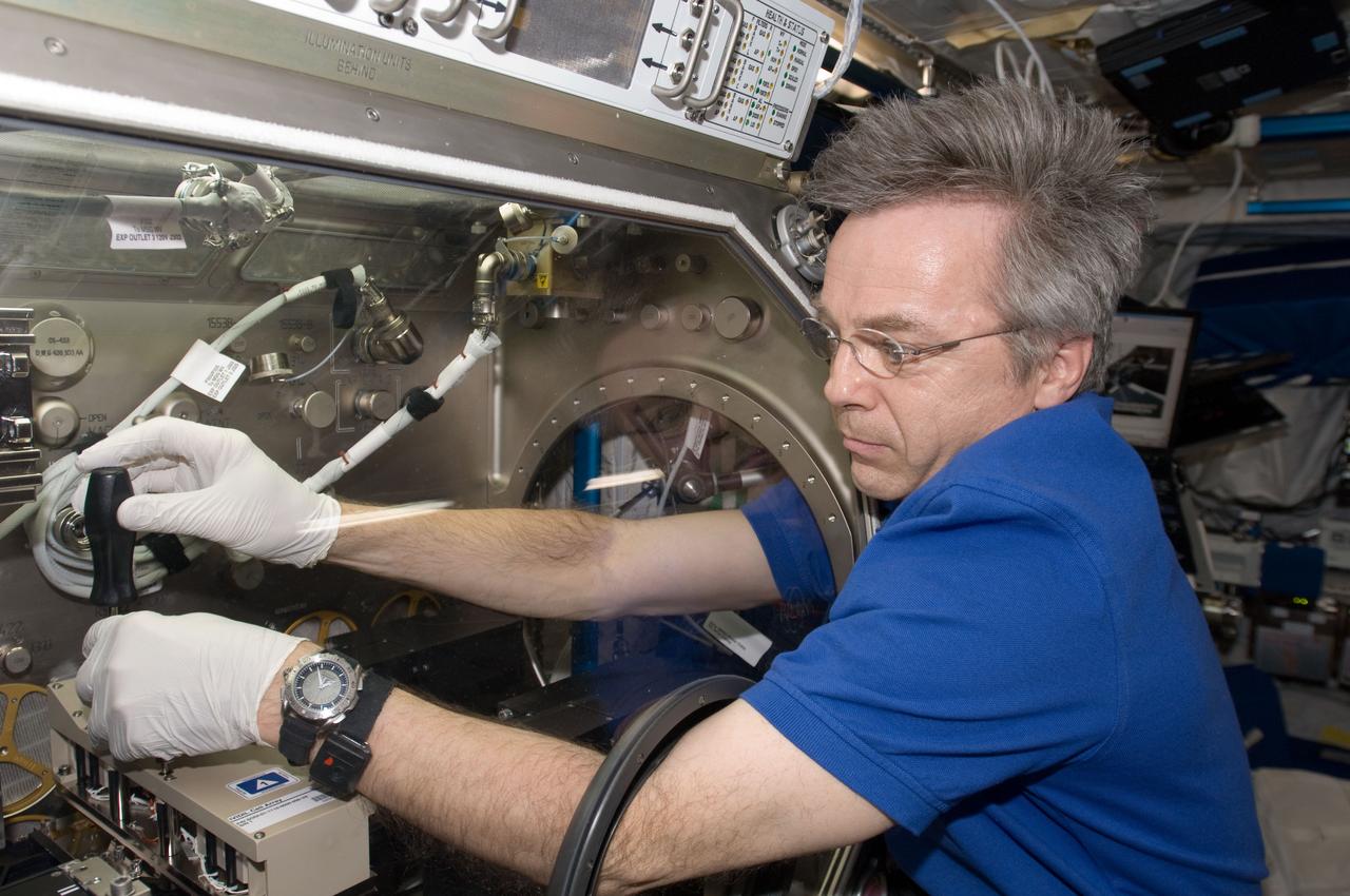 ISS020-E-041878 (23 Sept. 2009) --- Canadian Space Agency astronaut Robert Thirsk, Expedition 20 flight engineer, works with experiment hardware in the Microgravity Science Glovebox (MSG) located in the Columbus laboratory of the International Space Station.
